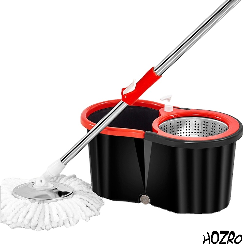 Mop Rotativ 360° HOZRO, Spin Turbo, 3 în 1, cu Găleată pe Roti și Două Camere, Rezerve Incluse, Rotor Metalic, Mâner Telescopic, Microfibră, Roșu/Negru, 45x26x21 cm HOZRO