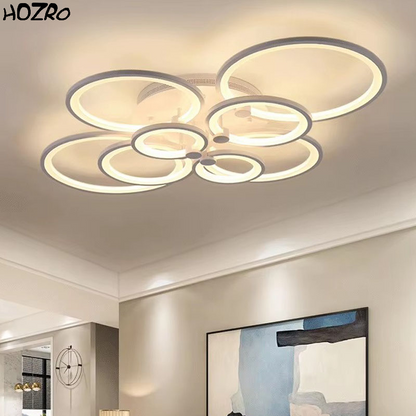Lustră LED Modernă cu 8 Cercuri HOZRO, Design Geometric Elegant și Reglaj al Intensității Luminii prin Telecomandă – Iluminat Decorativ și Eficient pentru Living, Dormitor sau Birou HOZRO