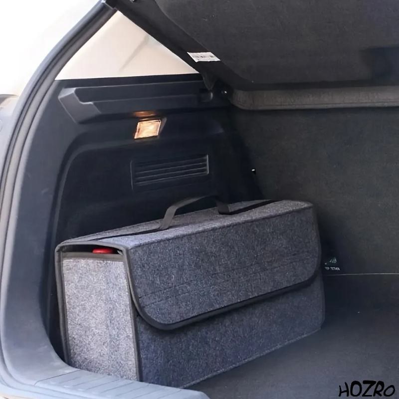 Geantă organizator auto HOZRO, din pâslă, model pliabil, multifuncțională, cu închidere tip clapetă și mâner – ideală pentru portbagaj, depozitare documente, unelte sau accesorii auto, design modern, culoare gri cu margini negre HOZRO