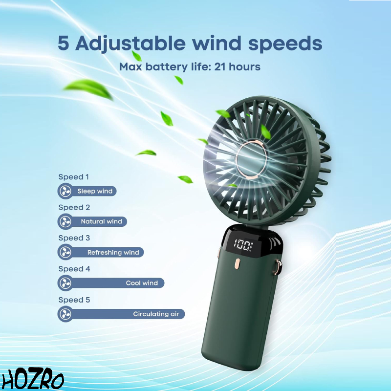 🎁 1+1 GRATIS – Ventilator Portabil HOZRO, 4 în 1 cu Aromaterapie 💨 De Mână, Birou, Gât, LCD, USB, 12h Autonomie, Verde Închis, 4000 mAh HOZRO