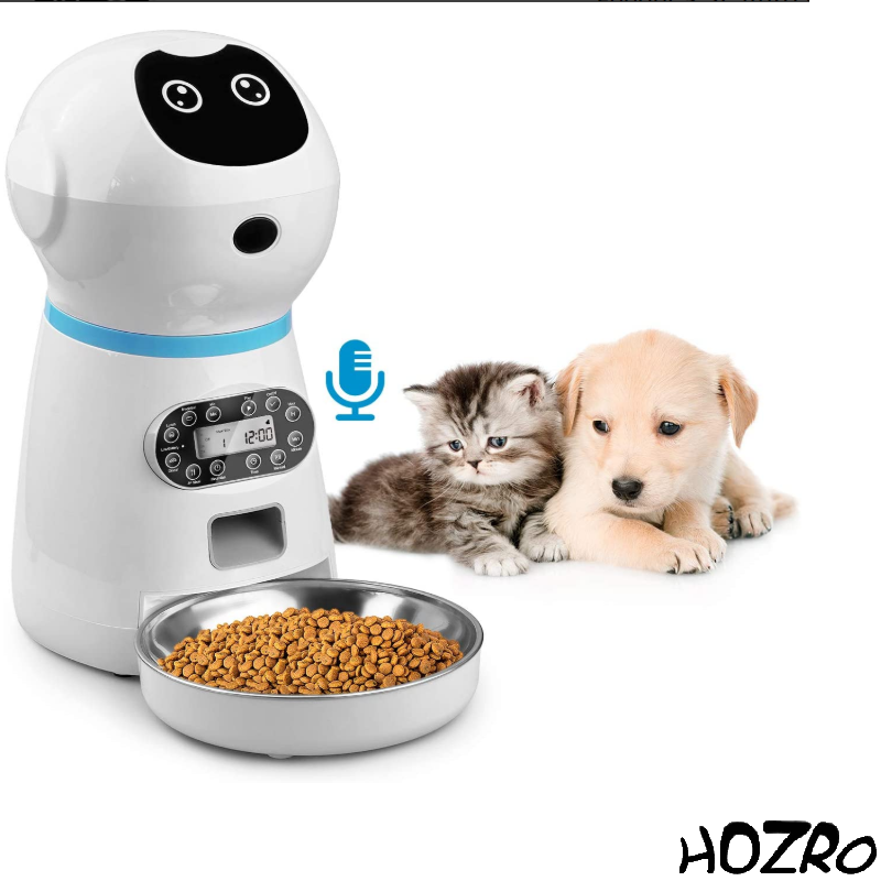 Dispenser automat de hrana pentru caini si pisici HOZRO, capacitate 3.5L, programabil cu functie de inregistrare vocala, bol din inox si senzor infrarosu pentru distribuire exacta a hranei, alb HOZRO