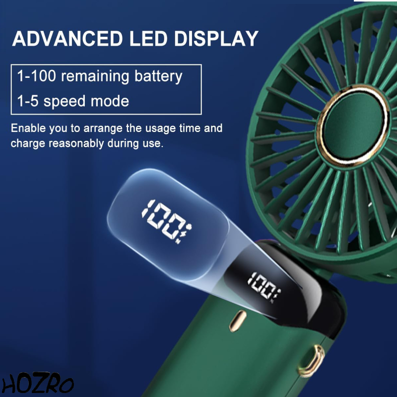 🎁 1+1 GRATIS – Ventilator Portabil HOZRO, 4 în 1 cu Aromaterapie 💨 De Mână, Birou, Gât, LCD, USB, 12h Autonomie, Verde Închis, 4000 mAh HOZRO