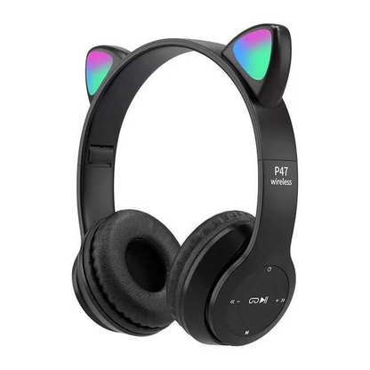 Căști Wireless HOZRO, Model P47 cu Urechi de Pisică – Model Negru, Bluetooth, Microfon Integrat și Design cu LED-uri HOZRO