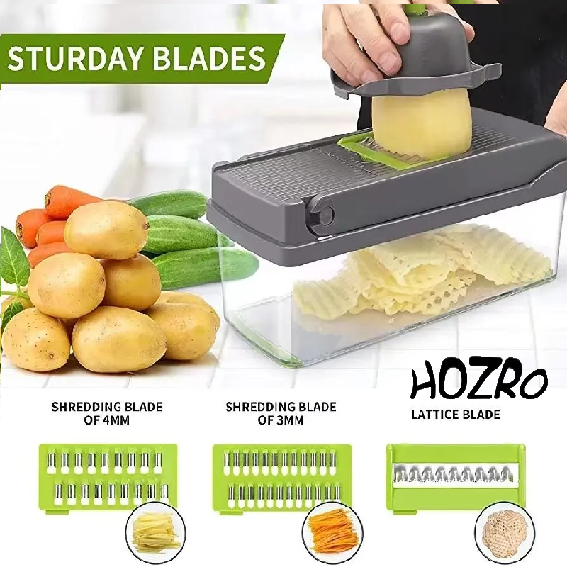 Răzătoare Multifuncțională HOZRO, cu 15 Piese – Set Complet de Bucătărie cu Lame din Oțel Inoxidabil, Accesorii pentru Tăiere, Feliere, Julienne, Cuburi și Deco­jire, Ideală pentru Legume, Fructe și Patiserie, Ușor de Curățat și Depozitat HOZRO