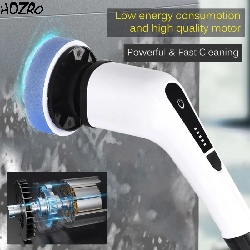Perie electrica rotativa HOZRO, pentru curatare eficienta fara efort, maner extensibil, multifunctionala fara fir, baterie cu incarcare USB tip C, 2500mAh, pentru diverse suprafete, cu 9 capete detasabile HOZRO