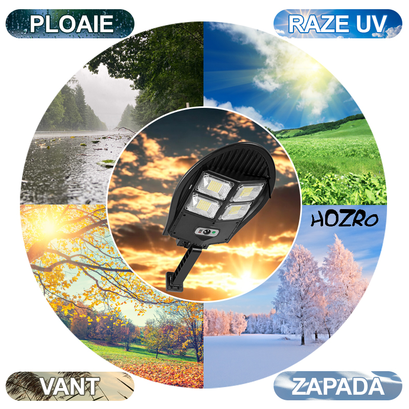 Lampa Solară Stradală de Exterior cu Telecomandă HOZRO, Model W788B-2, Ajustabilă, 168 LED-uri SMD Ultra-Luminoase, Lumina Alb Rece, 3 Moduri de Funcționare, Senzori de Mișcare și Lumină, Iluminare Continuă, Rezistență la Apă IP65, Unghi 120°, Carcasă ABS HOZRO