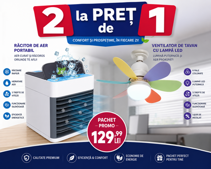 🌬️ Pachet Promo HOZRO®: Mini Răcitor Arctic Portabil cu Umidificator + Lustră LED 40W cu Ventilator Integrat, Soclu E27 HOZRO