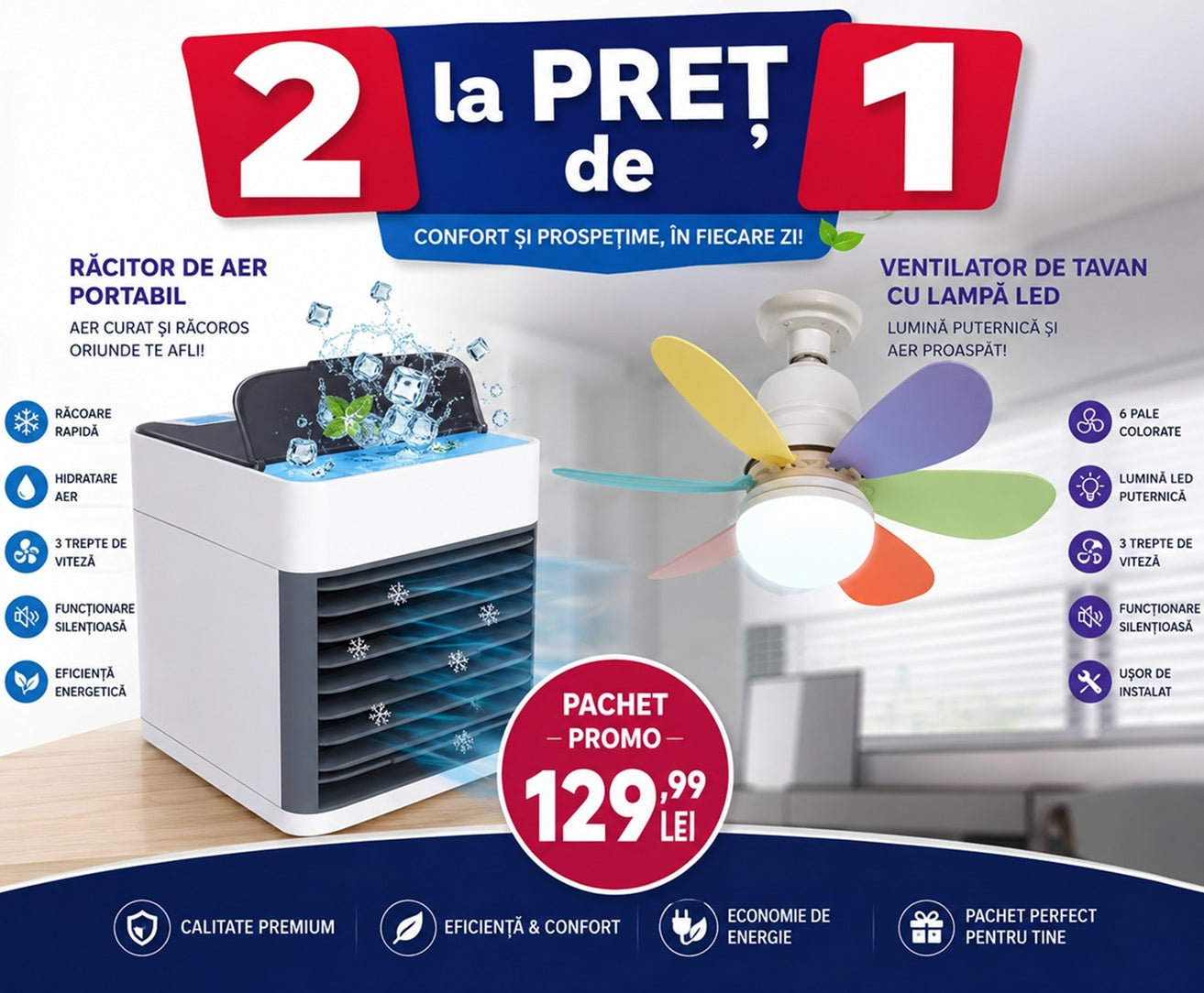 🌬️ Pachet Promo HOZRO®: Mini Răcitor Arctic Portabil cu Umidificator + Lustră LED 40W cu Ventilator Integrat, Soclu E27 HOZRO