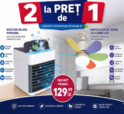 🌬️ Pachet Promo HOZRO®: Mini Răcitor Arctic Portabil cu Umidificator + Lustră LED 40W cu Ventilator Integrat, Soclu E27 HOZRO