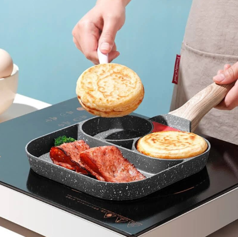 Tigaie Anti-Aderentă HOZRO, cu 2 Compartimente și Mânere din Lemn – Gătește Cu Ușurință și Fără Griji! 🍳✨