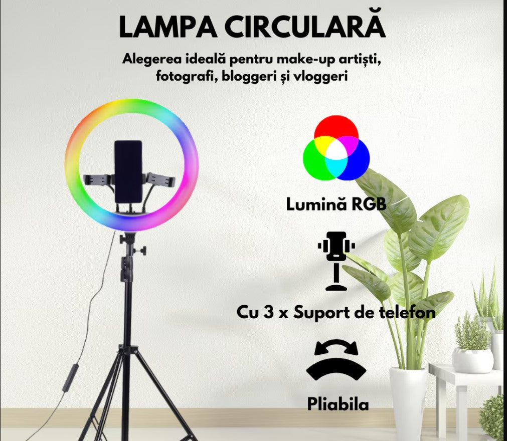 Lampa circulara Ring Light HOZRO, diametru 45cm/18" LED, RGB multicolor, conectare USB, reglaj intensitate, suport telefon, Perfectă pentru Orice Situație HOZRO