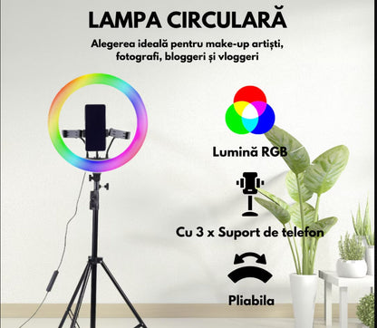Lampa circulara Ring Light HOZRO, diametru 45cm/18" LED, RGB multicolor, conectare USB, reglaj intensitate, suport telefon, Perfectă pentru Orice Situație HOZRO