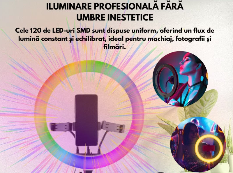 Lampa circulara Ring Light HOZRO, diametru 45cm/18" LED, RGB multicolor, conectare USB, reglaj intensitate, suport telefon, Perfectă pentru Orice Situație HOZRO