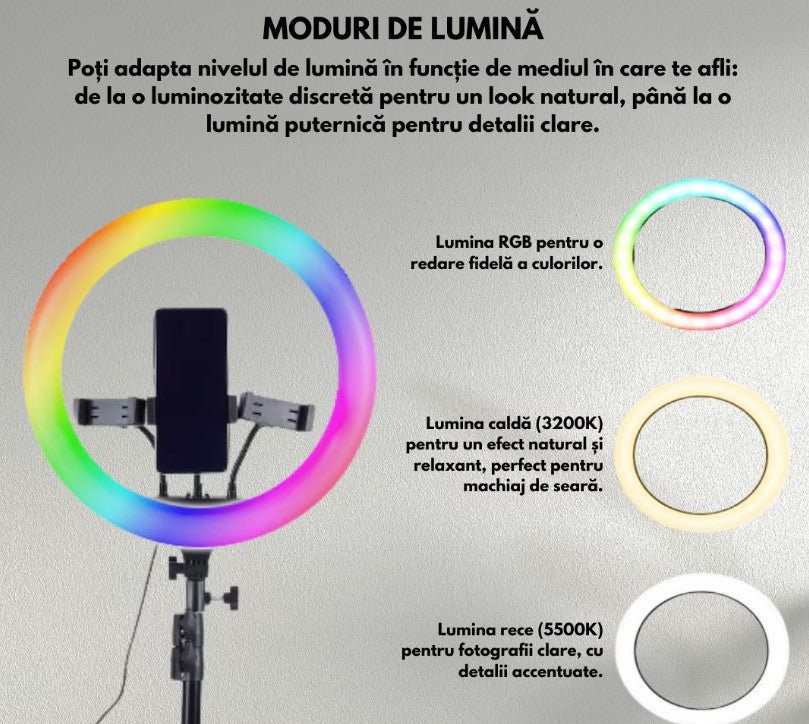 Lampa circulara Ring Light HOZRO, diametru 45cm/18" LED, RGB multicolor, conectare USB, reglaj intensitate, suport telefon, Perfectă pentru Orice Situație HOZRO