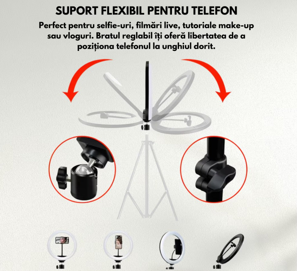Lampa circulara Ring Light HOZRO, diametru 45cm/18" LED, RGB multicolor, conectare USB, reglaj intensitate, suport telefon, Perfectă pentru Orice Situație HOZRO