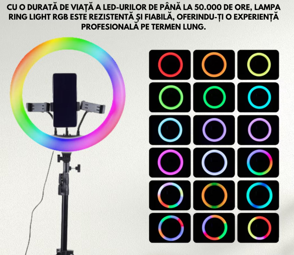 Lampa circulara Ring Light HOZRO, diametru 45cm/18" LED, RGB multicolor, conectare USB, reglaj intensitate, suport telefon, Perfectă pentru Orice Situație HOZRO