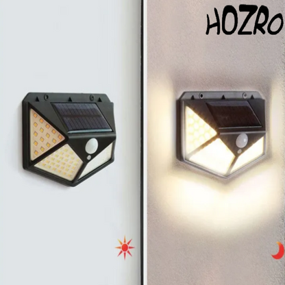 Lampa Solara HOZRO, SH 100, 100 LED-uri, Iluminare de 1000 Lumen, Senzor de Miscare si Lumina, Baterie Reincarcabila 2200mAh, Design Modern, Negru HOZRO