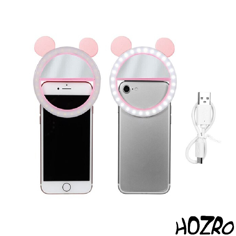 Lampa LED HOZRO, Selfie Ring in Forma de Urs, Lumina Portabila pentru Telefon, Iluminare Ideala pentru Poze si Videoclipuri, Roz HOZRO