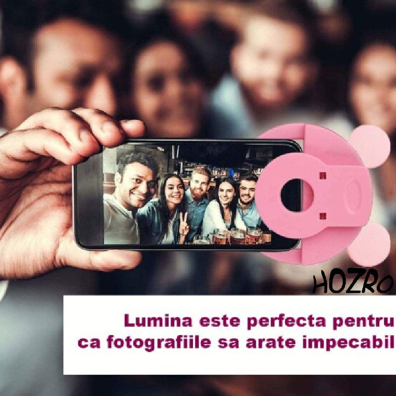 Lampa LED HOZRO, Selfie Ring in Forma de Urs, Lumina Portabila pentru Telefon, Iluminare Ideala pentru Poze si Videoclipuri, Roz HOZRO