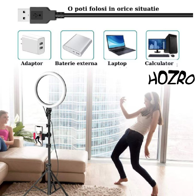 Lampa circulara Ring Light, diametru 30cm/12inch LED, lumina naturala/rece/calda, conectare USB, reglaj intensitate, suport telefon, Perfectă pentru Orice Situație HOZRO