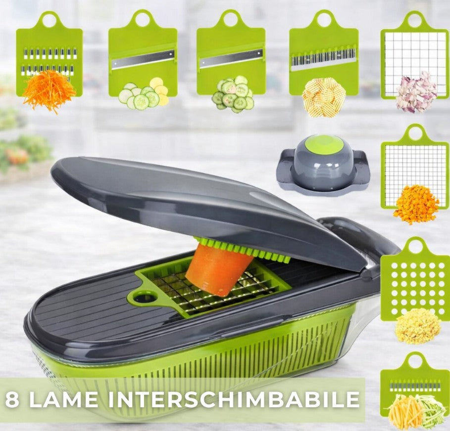 Tocator multifunctional legume HOZRO® 12 in 1, 8 lame interschimbabile din otel inoxidabil, recipient 1, 5 L, pentru feliere, taiere cuburi BESTSELLS