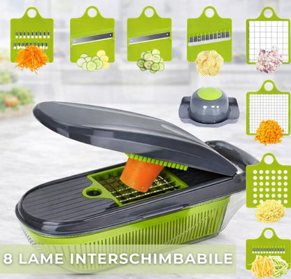Tocator multifunctional legume HOZRO® 12 in 1, 8 lame interschimbabile din otel inoxidabil, recipient 1, 5 L, pentru feliere, taiere cuburi BESTSELLS