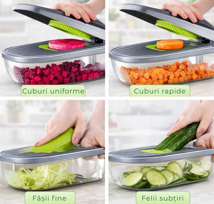 Tocator multifunctional legume HOZRO® 12 in 1, 8 lame interschimbabile din otel inoxidabil, recipient 1, 5 L, pentru feliere, taiere cuburi BESTSELLS