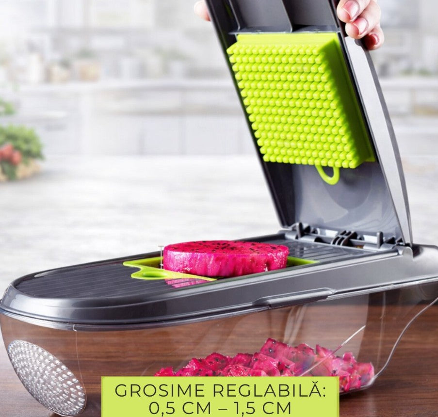 Tocator multifunctional legume HOZRO® 12 in 1, 8 lame interschimbabile din otel inoxidabil, recipient 1, 5 L, pentru feliere, taiere cuburi BESTSELLS