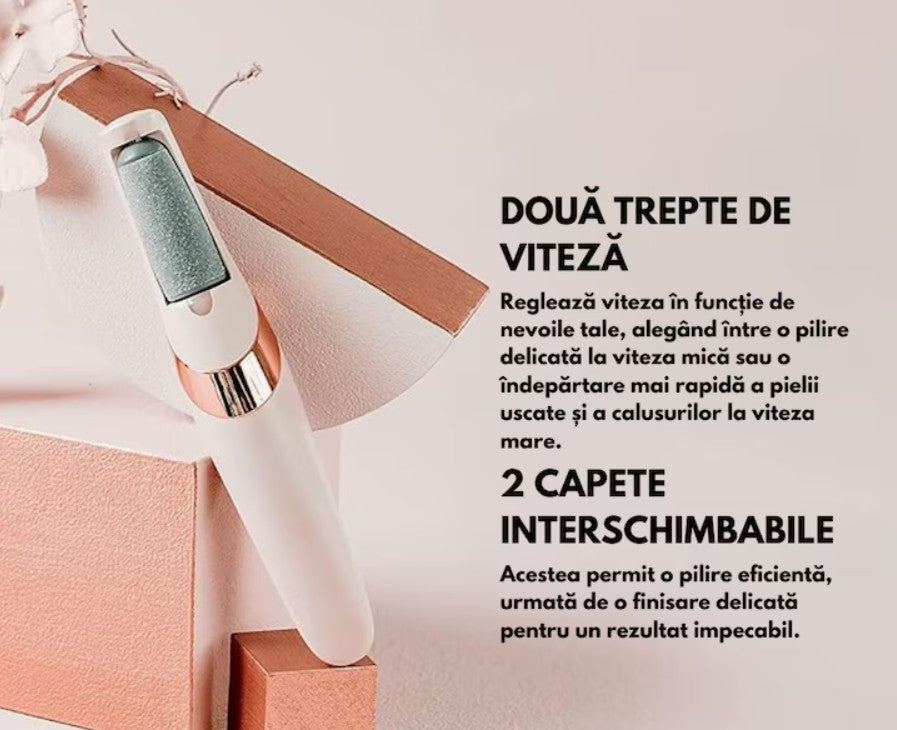 🦶Pila electrica Hozro®, portabila, pentru talpi si calcaie, reincarcabila, lumina LED, 2 capete interschimbabile, 2 trepte viteza, roz HOZRO