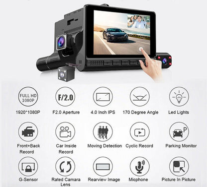 Camera auto tripla HOZRO®, Full HD 1080P, monitor 4inch TOUCHSCREEN, bord+habitaclu+spate, rezolutie ultra, 170 grade unghi extra-larg de filmare, senzor G, vedere nocturna, Functie Foto HOZRO