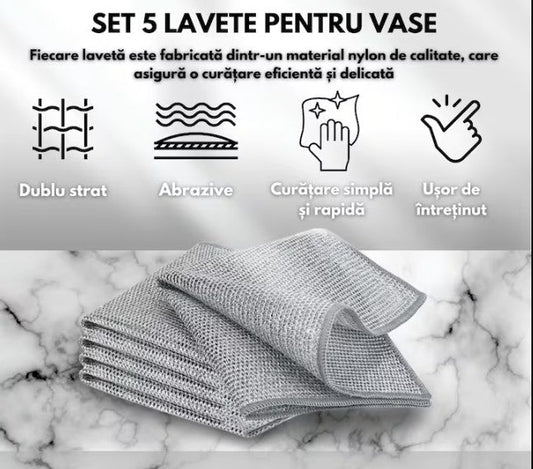 Pachet Premium pentru Curățare Eficientă: Set 2 Mănuși Abrazive Multifuncționale Hozro + Set 5 Lavete din Sârmă Argintie HOZRO