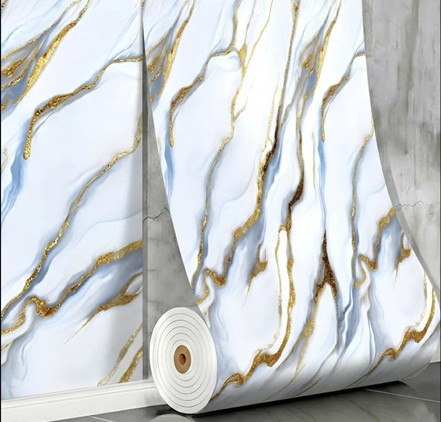 Rola Tapet Autocolant Premium 3D HOZRO – Aspect de Marmură Albastru Deschis/Gold, 3 x 1.2 m (3.6 mp)- 605-6 HOZRO