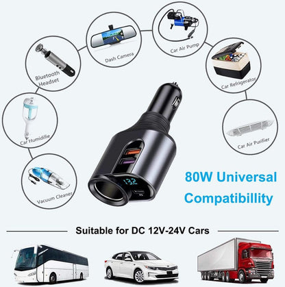 Încărcător auto rapid Hozro Ultra-Power 166W, adaptor splitter brichetă cu cap rotativ, port USB-C PD 20W, Dual USB 66W și voltmetru LED digital HOZRO