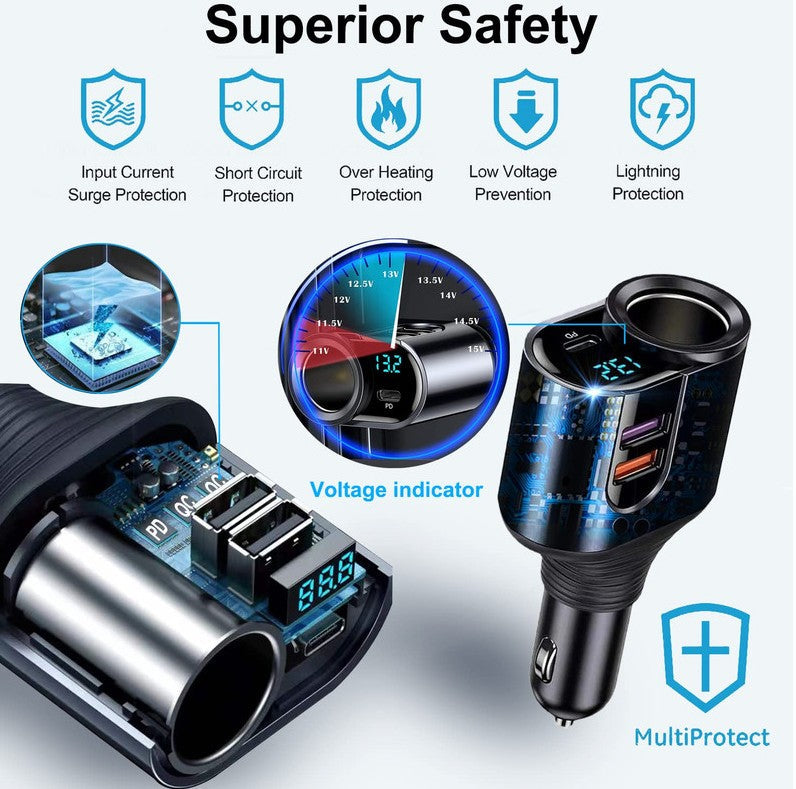 Încărcător auto rapid Hozro Ultra-Power 166W, adaptor splitter brichetă cu cap rotativ, port USB-C PD 20W, Dual USB 66W și voltmetru LED digital HOZRO