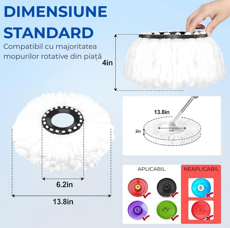 Mop Rotativ Cu Galeata  360° HOZRO, Spin Turbo, 3 în 1, cu 2 lavete din microfibra, cu Dubla Actiune, Sistem Stoarcere, Inaltime Mop Ajustabila, Alb/Gri 45x26x21 cm