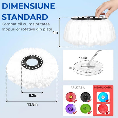 Mop Rotativ Cu Galeata  360° HOZRO, Spin Turbo, 3 în 1, cu 2 lavete din microfibra, cu Dubla Actiune, Sistem Stoarcere, Inaltime Mop Ajustabila, Alb/Gri 45x26x21 cm