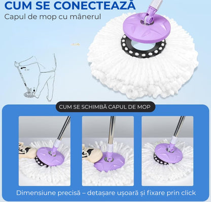 Mop Rotativ Cu Galeata  360° HOZRO, Spin Turbo, 3 în 1, cu 2 lavete din microfibra, cu Dubla Actiune, Sistem Stoarcere, Inaltime Mop Ajustabila, Alb/Gri 45x26x21 cm
