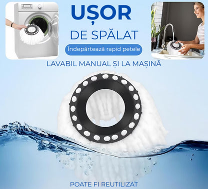 Mop Rotativ Cu Galeata  360° HOZRO, Spin Turbo, 3 în 1, cu 2 lavete din microfibra, cu Dubla Actiune, Sistem Stoarcere, Inaltime Mop Ajustabila, Alb/Gri 45x26x21 cm