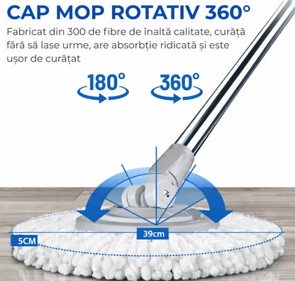 Mop Rotativ Cu Galeata  360° HOZRO, Spin Turbo, 3 în 1, cu 2 lavete din microfibra, cu Dubla Actiune, Sistem Stoarcere, Inaltime Mop Ajustabila, Alb/Gri 45x26x21 cm