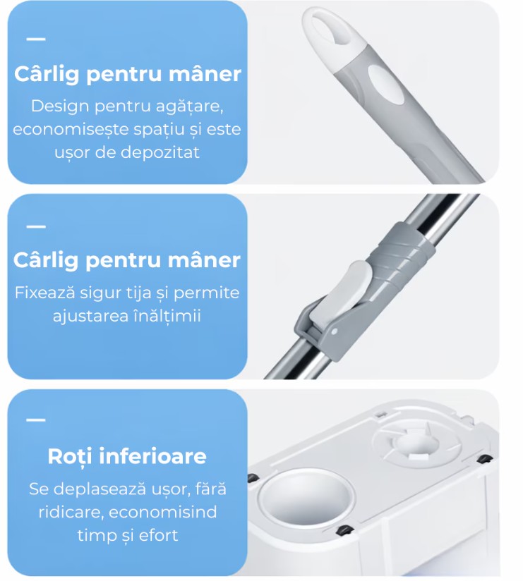Mop Rotativ Cu Galeata  360° HOZRO, Spin Turbo, 3 în 1, cu 2 lavete din microfibra, cu Dubla Actiune, Sistem Stoarcere, Inaltime Mop Ajustabila, Alb/Gri 45x26x21 cm