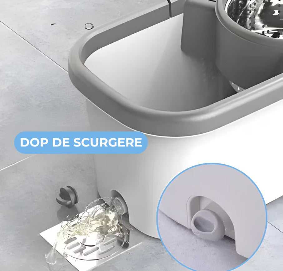 Mop Rotativ Cu Galeata  360° HOZRO, Spin Turbo, 3 în 1, cu 2 lavete din microfibra, cu Dubla Actiune, Sistem Stoarcere, Inaltime Mop Ajustabila, Alb/Gri 45x26x21 cm