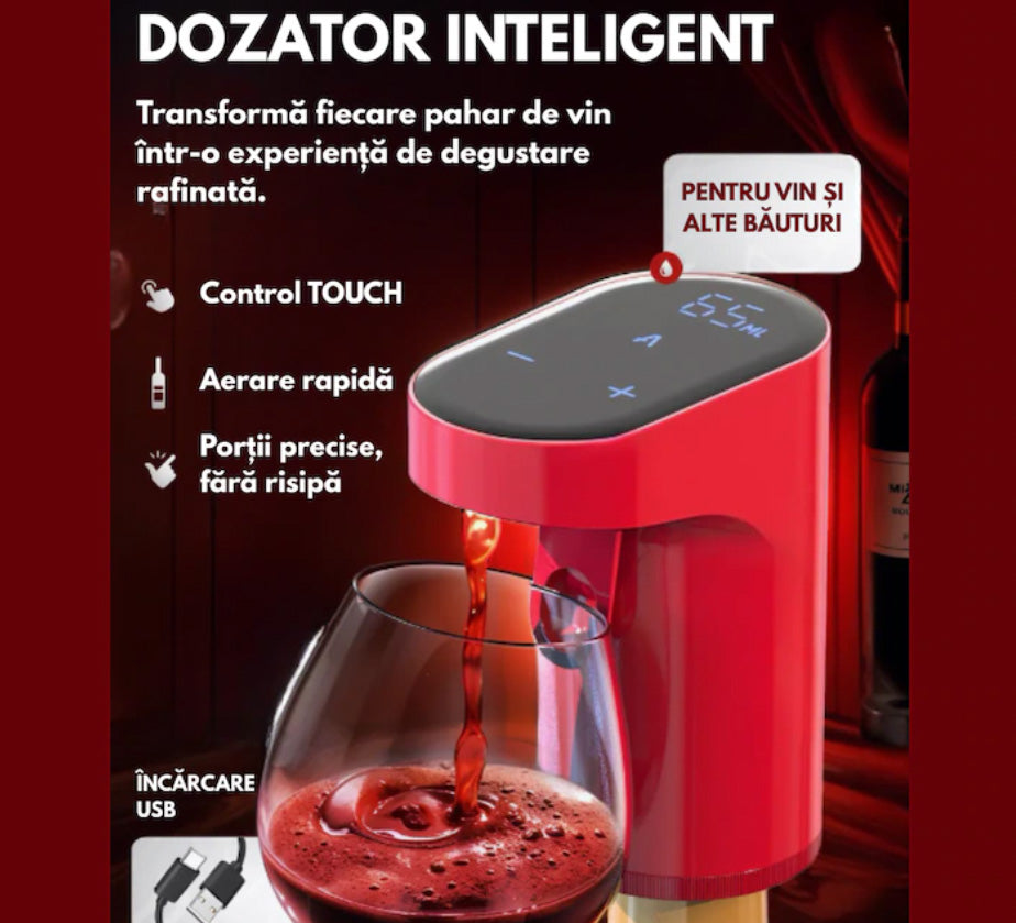 Dozator electric pentru vin si alte lichide Hozro®,  cu dozare automata ecran tactil si incarcare USB Type-C, Rosu BESTSELLS