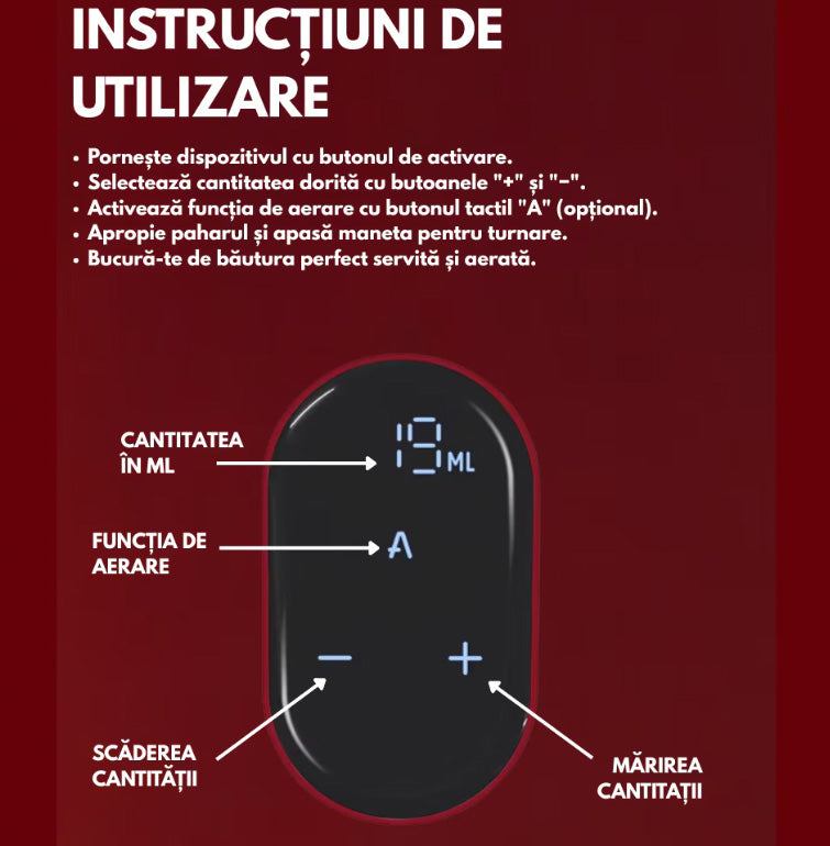 Dozator electric pentru vin si alte lichide Hozro®,  cu dozare automata ecran tactil si incarcare USB Type-C, Rosu BESTSELLS