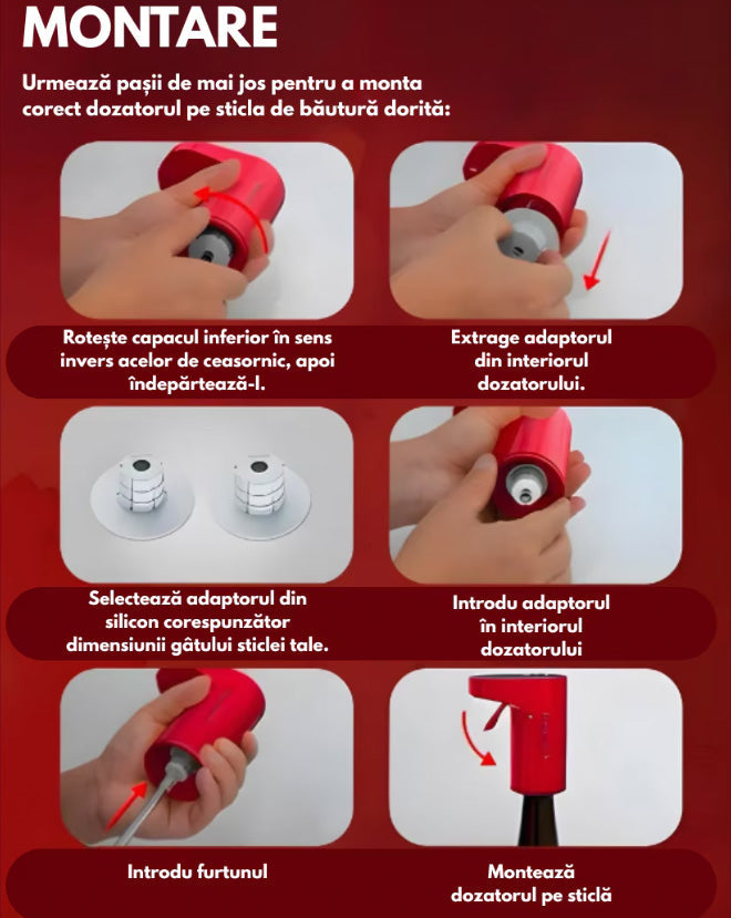 Dozator electric pentru vin si alte lichide Hozro®,  cu dozare automata ecran tactil si incarcare USB Type-C, Rosu BESTSELLS
