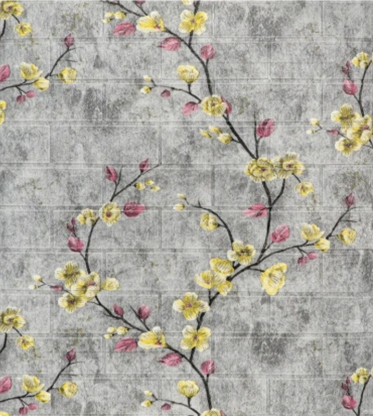 Tapet 3D Decorativ autoadeziv HOZRO, Model Vesel Floral Gri/Galben, perete/tavan, waterproof, usor de montat, design modern, 70x70 cm, alb, TAPET 112\ HOZRO