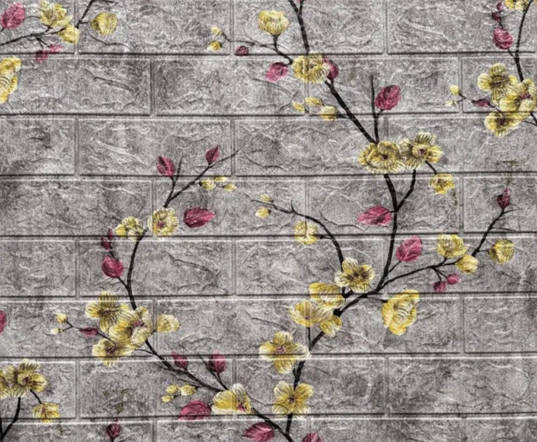 Tapet 3D Decorativ autoadeziv HOZRO, Model Vesel Floral Gri/Galben, perete/tavan, waterproof, usor de montat, design modern, 70x70 cm, alb, TAPET 112\ HOZRO