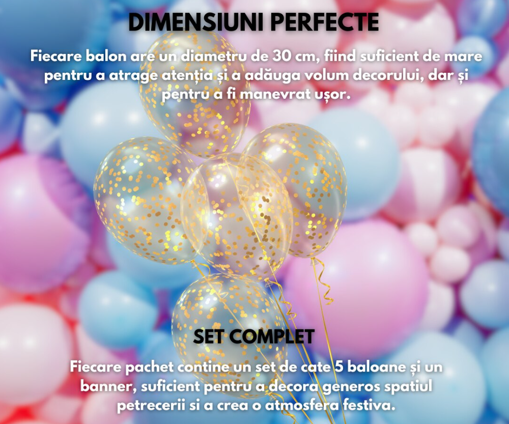 Set Banner Baloane cu text „Happy Birthday” Roz – Decor Festiv pentru Petreceri Aniversare, Evenimente, cu baloane cu confetii, Refolosibile, Ușor de Umflat și Montat HOZRO