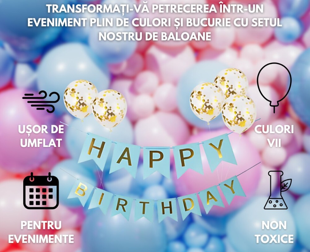 Set Banner Baloane cu text „Happy Birthday” Roz – Decor Festiv pentru Petreceri Aniversare, Evenimente, cu baloane cu confetii, Refolosibile, Ușor de Umflat și Montat HOZRO