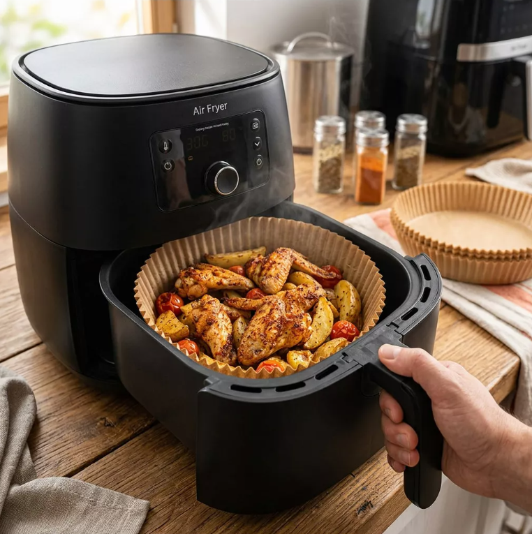 Set 50 bucati hartie de copt, Unica folosinta, Pentru air fryer, Maro, Rotunde BESTSELLS