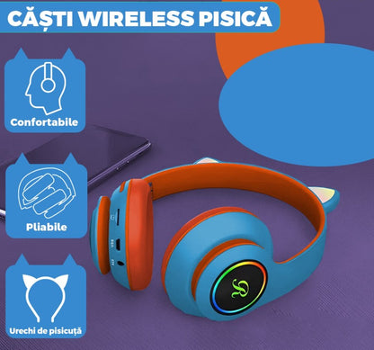 🎧 Căști Wireless HOZRO, Model Pisică VZN-66M – Sunet HiFi, Iluminare RGB, Bluetooth 5.0, Handsfree, Bass Stereo, LED, TF! 🐱 HOZRO